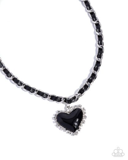 Austere Attraction - Black Leather Ribbon Heart Pendant Necklace - Paparazzi Accessories