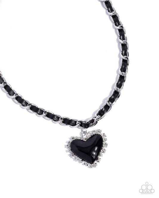 Austere Attraction - Black Leather Ribbon Heart Pendant Necklace - Paparazzi Accessories