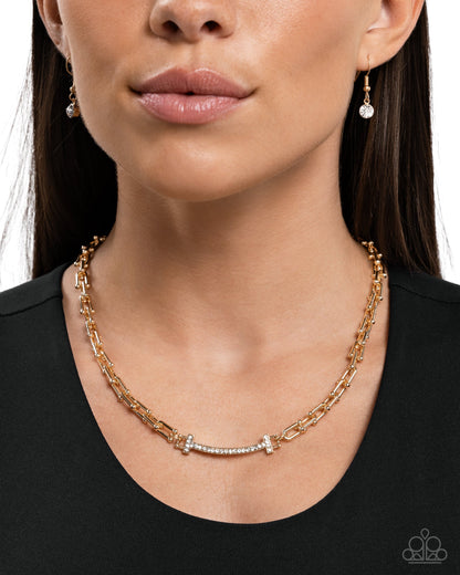 Anchored Actress - Gold & White Rhinestone Necklace - Paparazzi Accessories