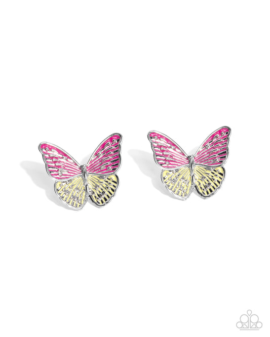 Aerial Appreciation - Pink & Yellow Enamel Silver Butterfly Post Earrings - Paparazzi Accessories