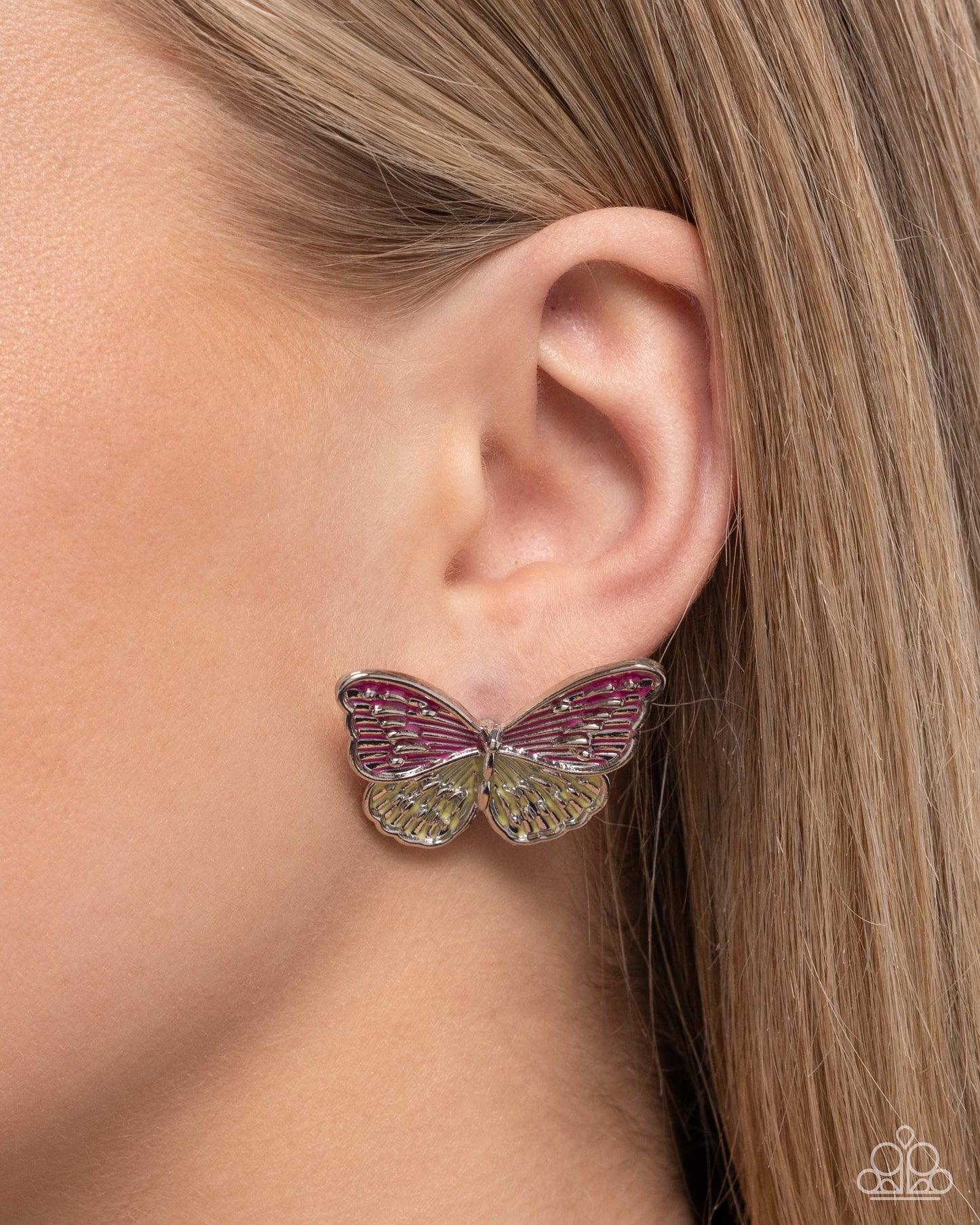 Aerial Appreciation - Pink & Yellow Enamel Silver Butterfly Post Earrings - Paparazzi Accessories