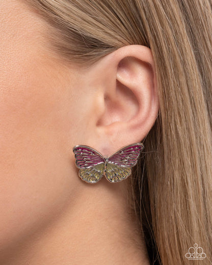 Aerial Appreciation - Pink & Yellow Enamel Silver Butterfly Post Earrings - Paparazzi Accessories