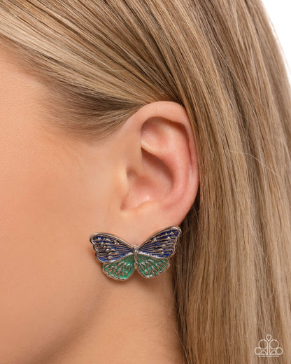 Aerial Appreciation - Blue and Green Enamel Butterfly Earrings - Paparazzi Accessories