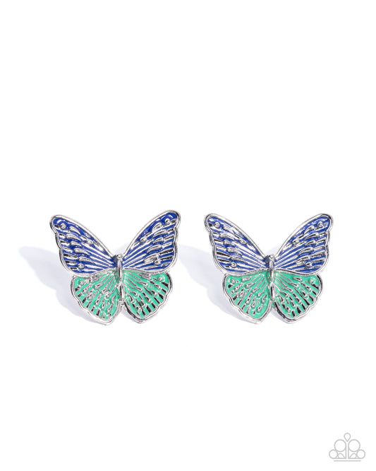 Aerial Appreciation - Blue and Green Enamel Butterfly Earrings - Paparazzi Accessories