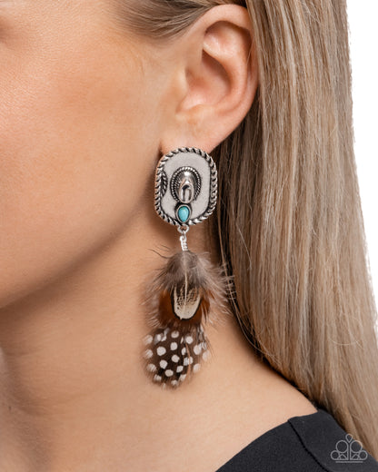 Feathered Fairy Tale - Brown Feather Silver Cowboy Hat Post Earrings - Paparazzi Accessories