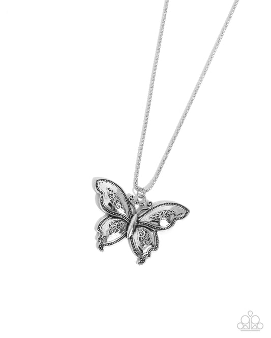 Aerial Attraction - Silver Butterfly Pendant Necklace - Paparazzi Accessories
