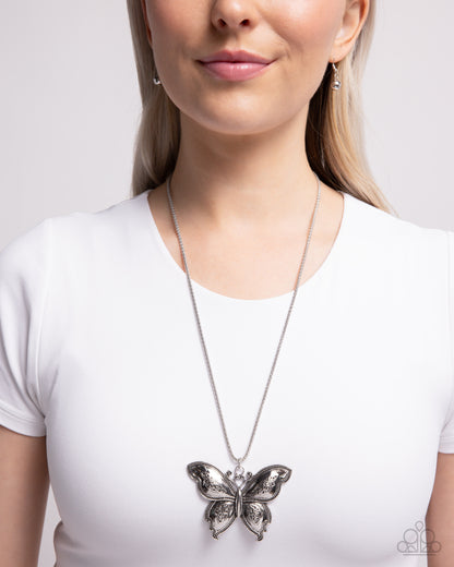 Aerial Attraction - Silver Butterfly Pendant Necklace - Paparazzi Accessories