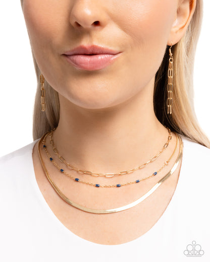 Mismatched Magic - Blue Beaded Gold Herringbone Chain Necklace - Paparazzi Accessories