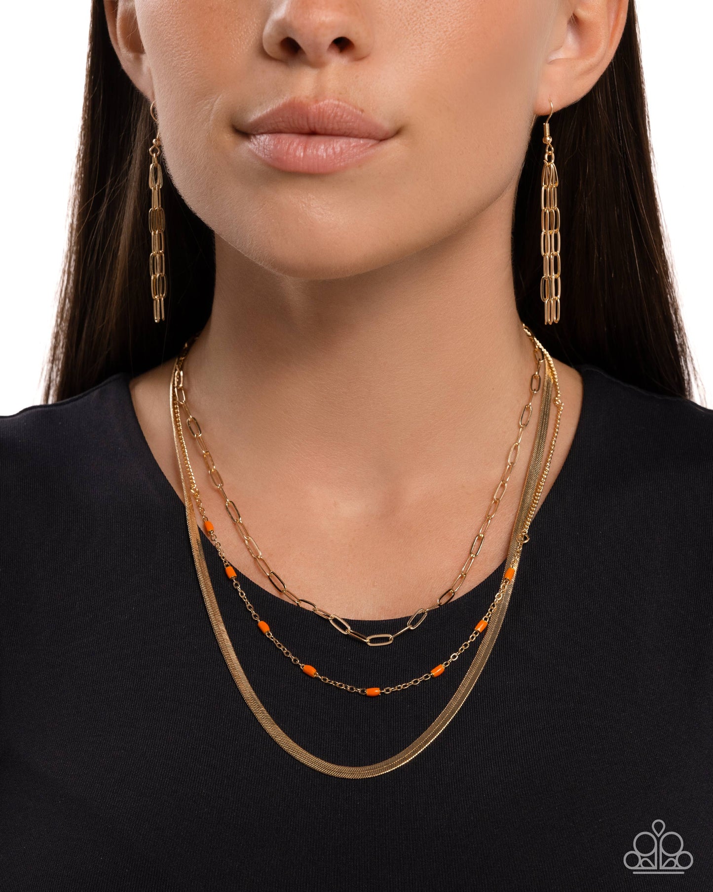 Mismatched Magic - Orange Beaded Herringbone Chain Necklace - Paparazzi Accessories