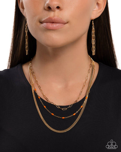 Mismatched Magic - Orange Beaded Herringbone Chain Necklace - Paparazzi Accessories
