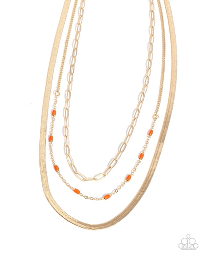 Mismatched Magic - Orange Beaded Herringbone Chain Necklace - Paparazzi Accessories