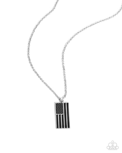 Patriotic Pastime - Black Enamel Silver American Flag Urban Necklace - Paparazzi Accessories