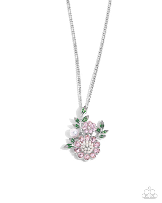 Botanical Bunch - Pink Rhinestone Flower & Pearl Pendant Silver Necklace - Paparazzi Accessories