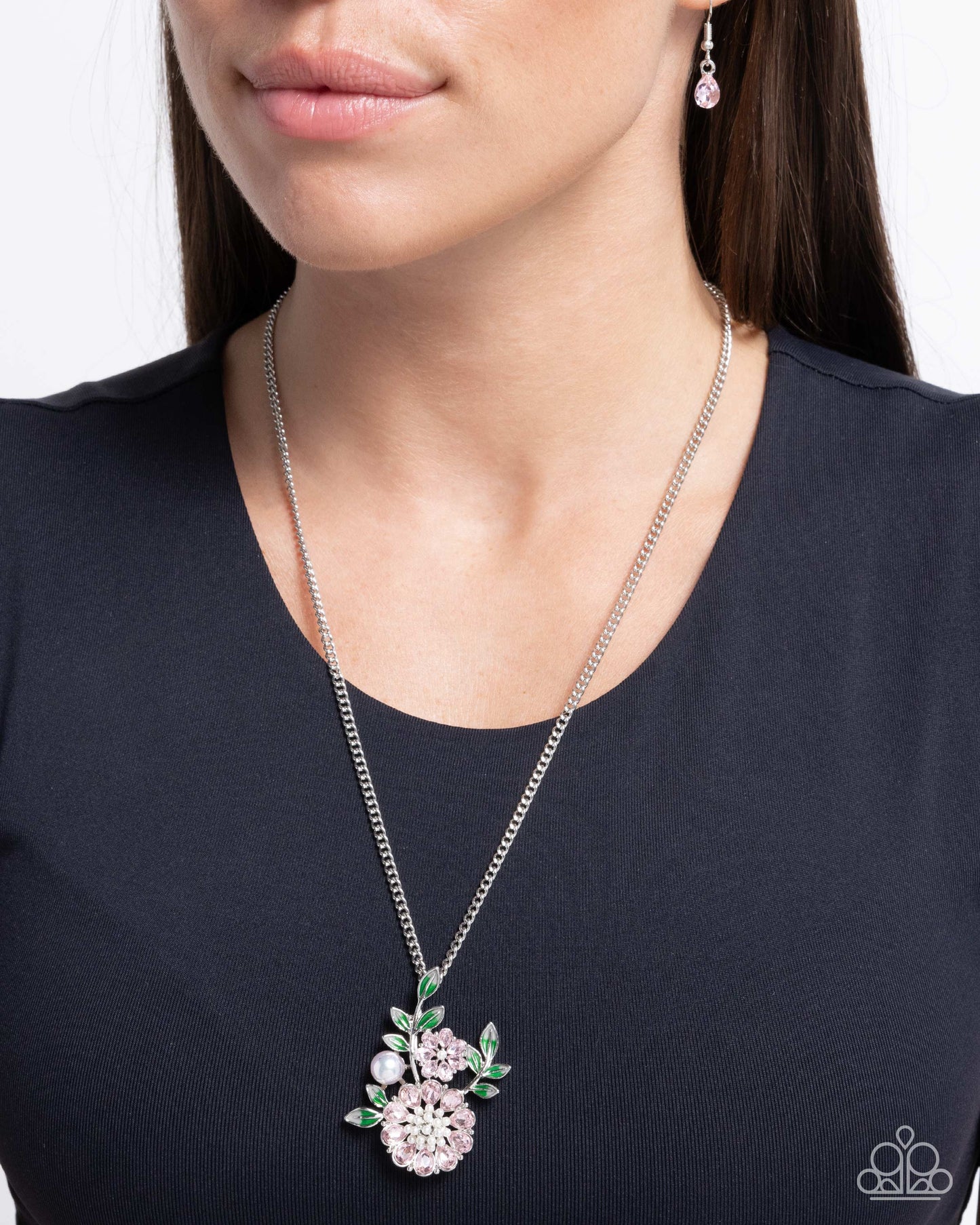 Botanical Bunch - Pink Rhinestone Flower & Pearl Pendant Silver Necklace - Paparazzi Accessories
