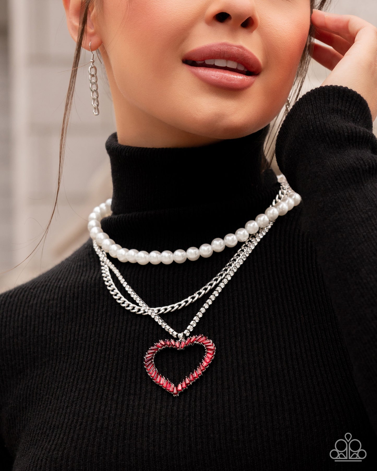 Y2K Year - Red Rhinestone Heart Pendant and Pearl Layered Necklace - Convention Exclusive 2024 - Paparazzi Accessories