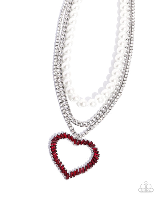 Y2K Year - Red Rhinestone Heart Pendant and Pearl Layered Necklace - Convention Exclusive 2024 - Paparazzi Accessories