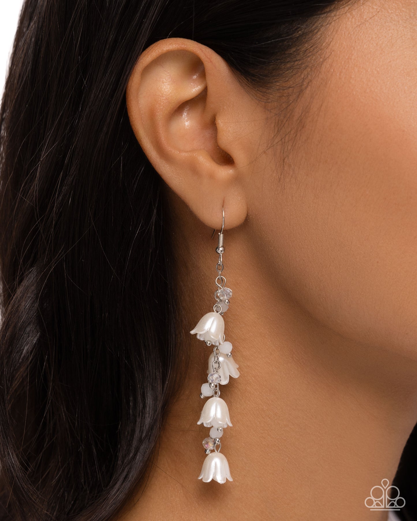 Snow Drops - White Pearl Flower Fishhook Earrings - Paparazzi Accessories