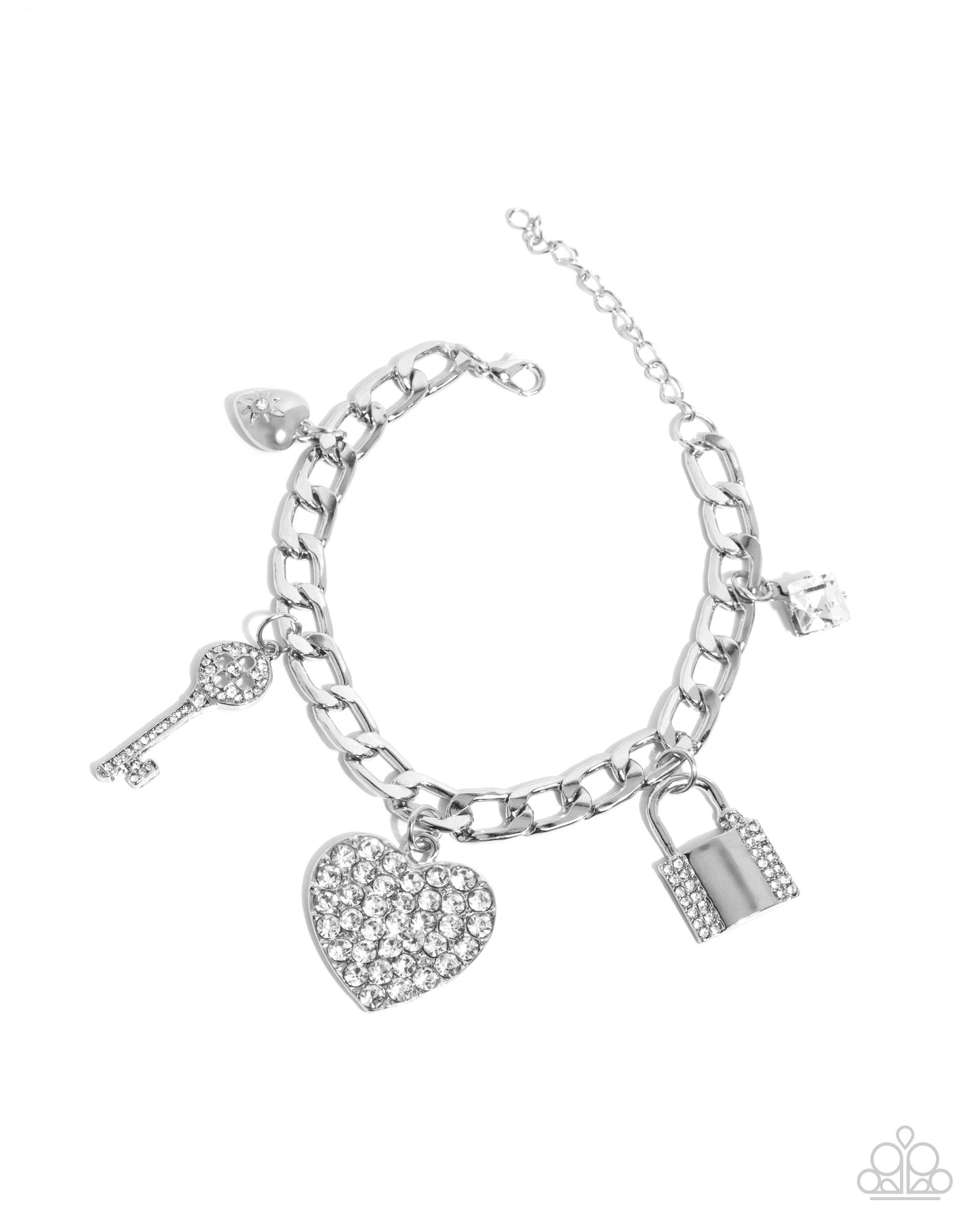 Fortified Fashion - White Rhinestone Heart Padlock Key Charm Bracelet - Paparazzi Accessories