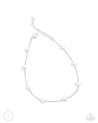 Charming Court - White Pearl Hearts Silver Clasp Anklet - Paparazzi Accessories