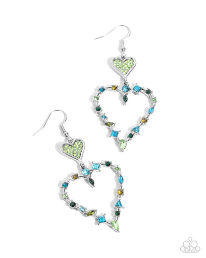 Parallel Passion - Green Rhinestone Heart Fishhook Earrings - Paparazzi Accessories