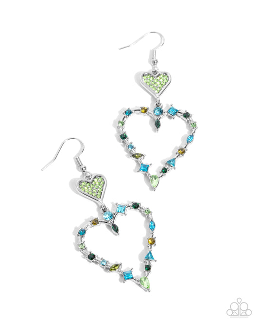 Parallel Passion - Green Rhinestone Heart Fishhook Earrings - Paparazzi Accessories