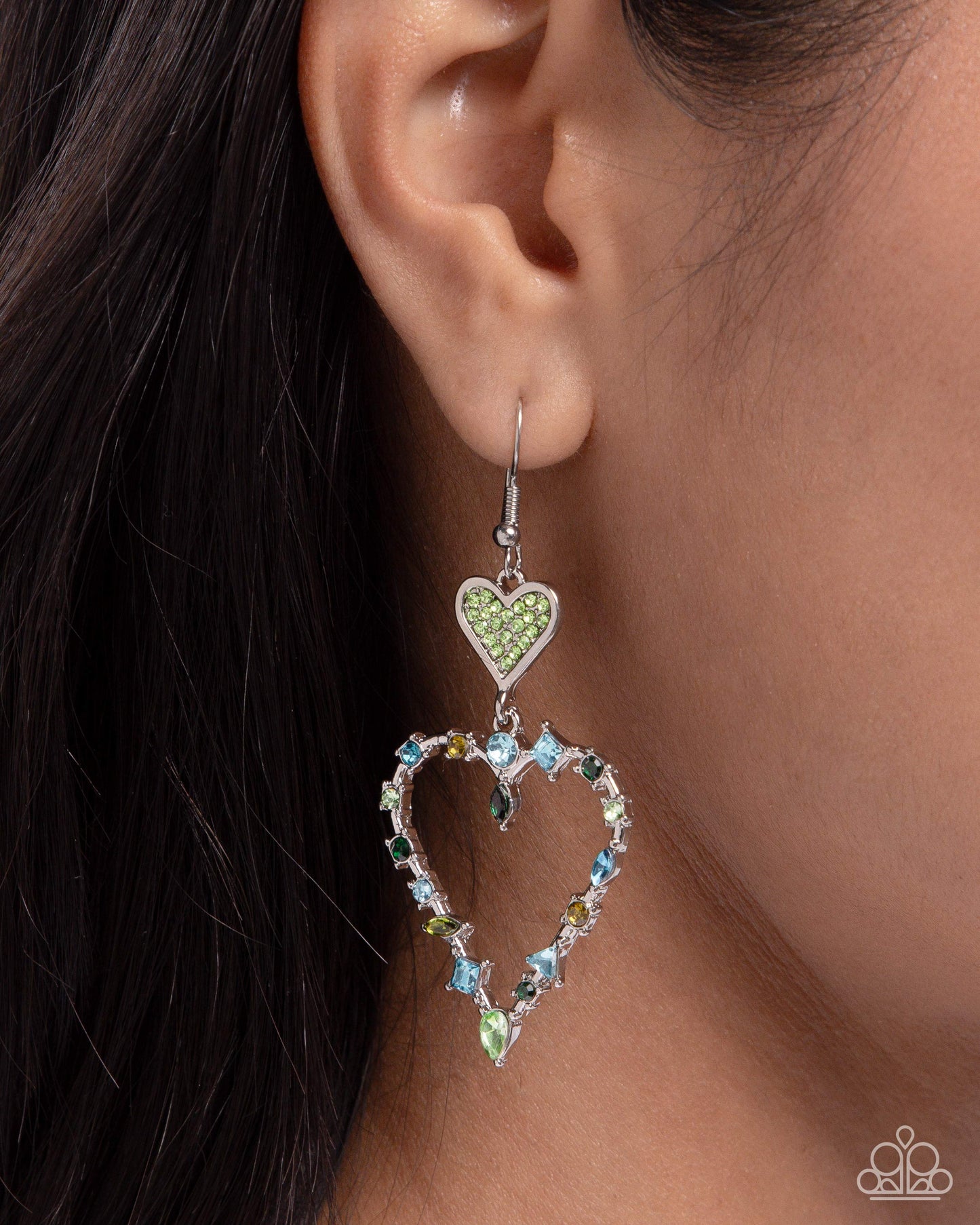 Parallel Passion - Green Rhinestone Heart Fishhook Earrings - Paparazzi Accessories