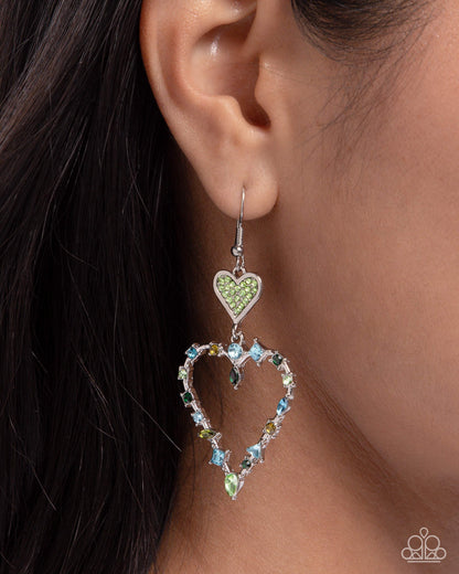 Parallel Passion - Green Rhinestone Heart Fishhook Earrings - Paparazzi Accessories