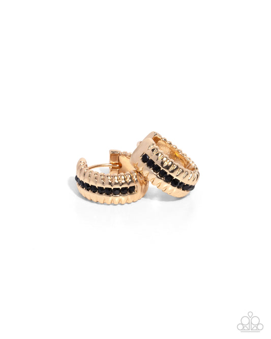 Serrated Shimmer - Gold & Black Onyx Rhinestone Hinge Hoop Earrings - Paparazzi Accessories