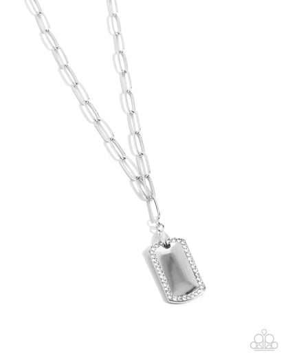 Simple Street - White Rhinestone, Silver Dog Tag Necklace - Paparazzi Accessories