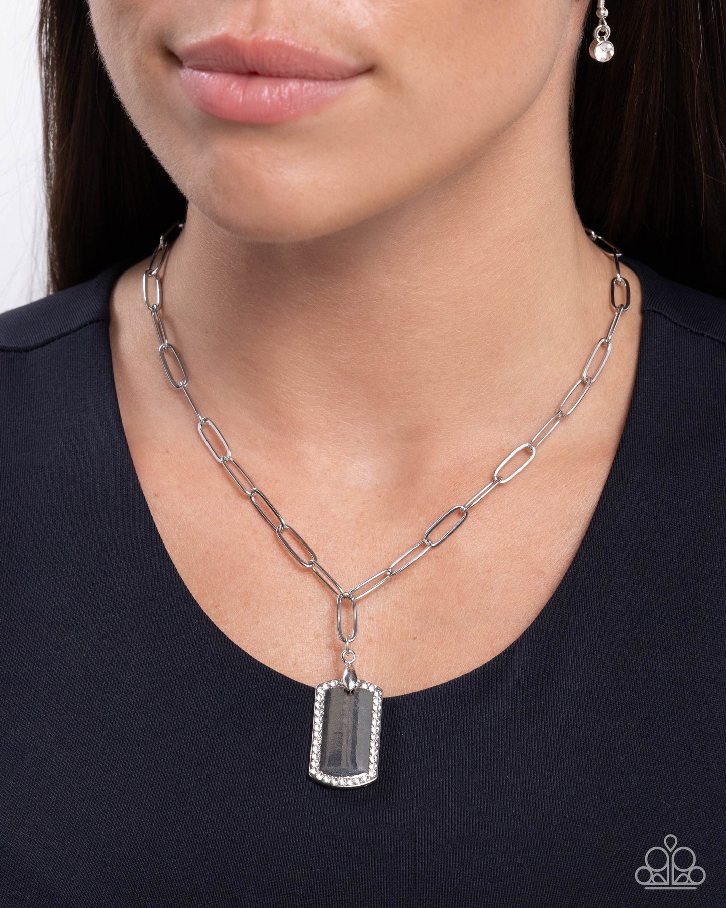 Simple Street - White Rhinestone, Silver Dog Tag Necklace - Paparazzi Accessories