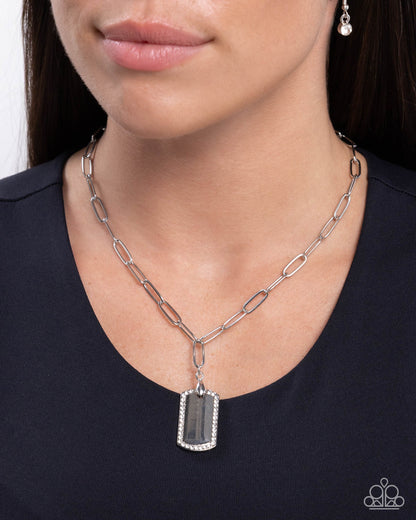 Simple Street - White Rhinestone, Silver Dog Tag Necklace - Paparazzi Accessories