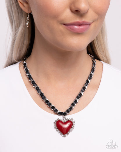 Austere Attraction - Red Heart Leather Ribbon Chain Necklace - Paparazzi Accessories