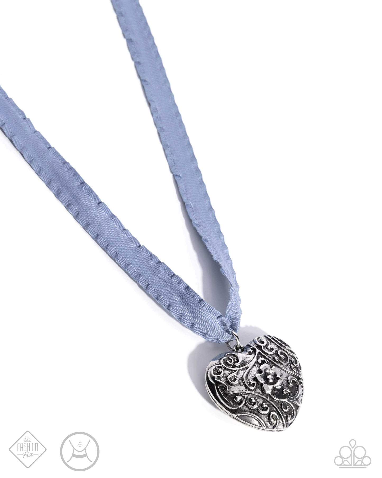 Rustic Ranking - Blue Ribbon Filigree Heart Necklace - Paparazzi Accessories