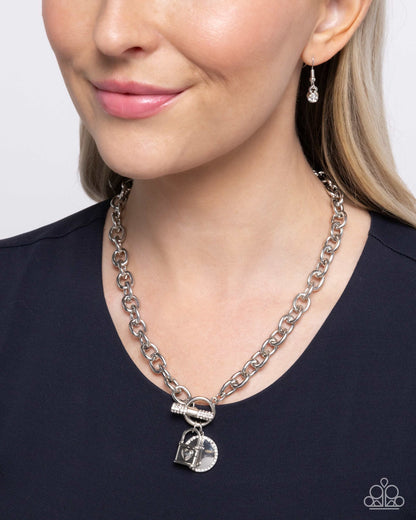 Locked Lady - White Rhinestone Silver Toggle Necklace - Paparazzi Accessories