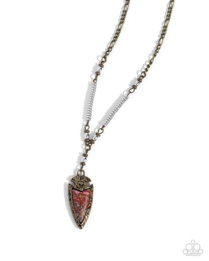 Coarse Change - Red Multicolored Stone Arrowhead Pendant Brass Necklace - Paparazzi Accessories