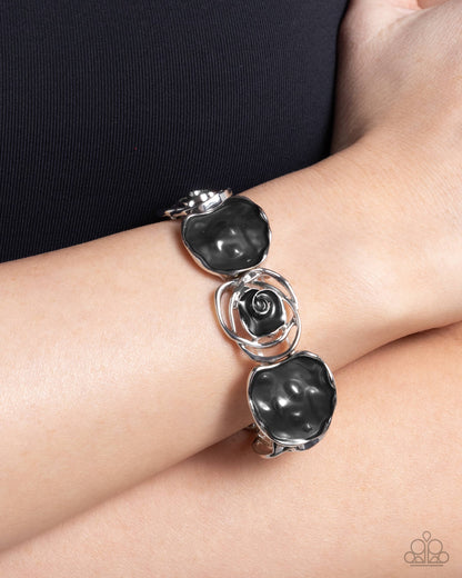 Rosy Rubato - Black Enamel Silver Stretchy Bracelet - Paparazzi Accessories