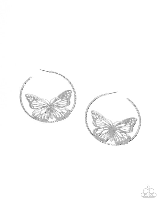 Aerial Alias - Silver Butterfly Hoop Earrings - Paparazzi Accessories