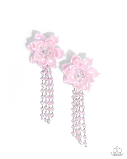 Lotus Length - Pink Pearlescent Flower Post Earrings - Paparazzi Accessories