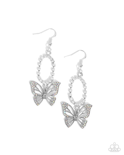 Aerial Avenue - Multi Iridescent & White Rhinestone Butterfly Fishhook Earrings - Paparazzi Accessories