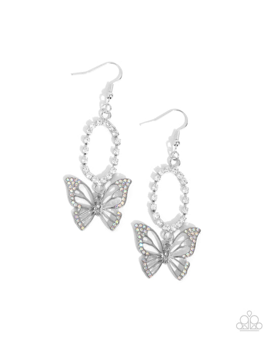 Aerial Avenue - Multi Iridescent & White Rhinestone Butterfly Fishhook Earrings - Paparazzi Accessories