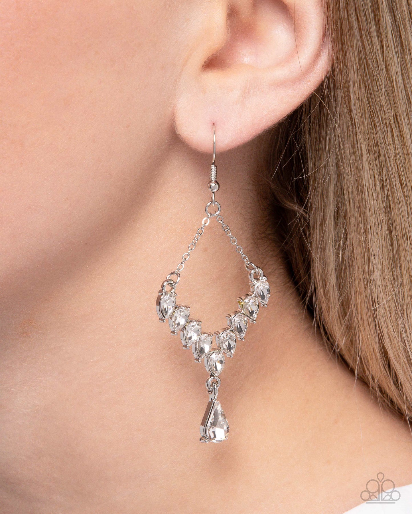 Dripping Drama - White Rhinestone Silver Fishhook Earrings - Paparazzi Accessories