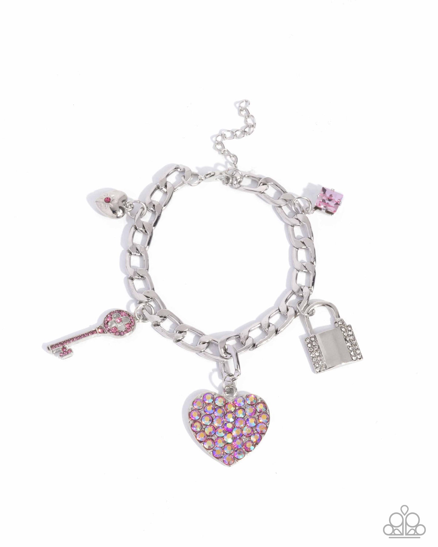 Fortified Fashion - Pink Rhinestone Heart & Padlock Charm Clasp Bracelet - Paparazzi Accessories