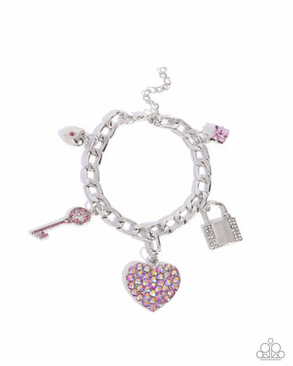 Fortified Fashion - Pink Rhinestone Heart & Padlock Charm Clasp Bracelet - Paparazzi Accessories
