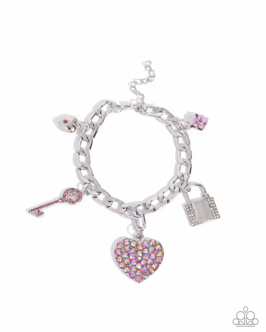 Fortified Fashion - Pink Rhinestone Heart & Padlock Charm Clasp Bracelet - Paparazzi Accessories