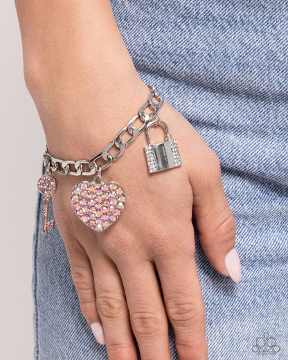 Fortified Fashion - Pink Rhinestone Heart & Padlock Charm Clasp Bracelet - Paparazzi Accessories