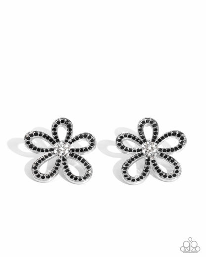 Blooming Belle - Black Onyx Rhinestone Silver Flower Post Earrings - Paparazzi Accessories