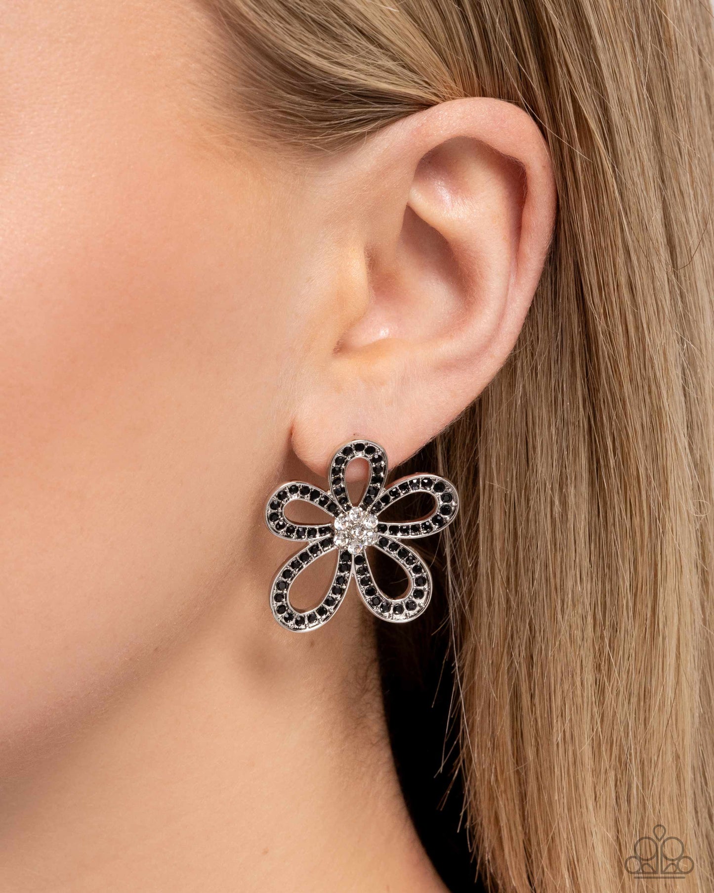 Blooming Belle - Black Onyx Rhinestone Silver Flower Post Earrings - Paparazzi Accessories