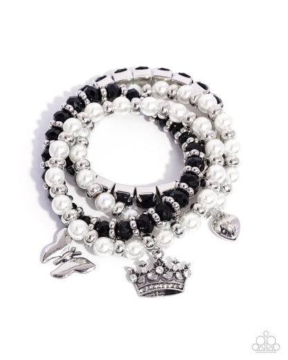 Feminine Charm - Black Crown Rose Heart Charm Stretchy Bracelets - Paparazzi Accessories