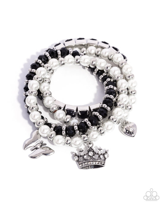 Feminine Charm - Black Crown Rose Heart Charm Stretchy Bracelets - Paparazzi Accessories