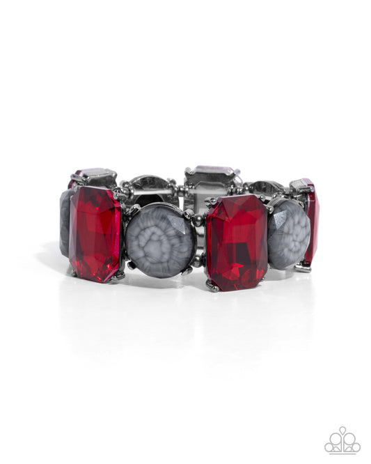 Cloudy Conversation - Red Gem & Marbled Resin Gunmetal Stretchy Bracelet - Paparazzi Accessories